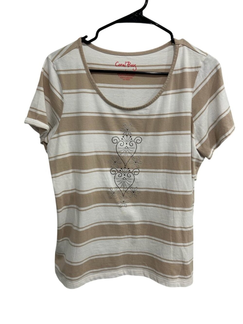 Coral Bay Striped Rhinestone Scoop Neck T-Shirt Top Size L Naturecore Modern